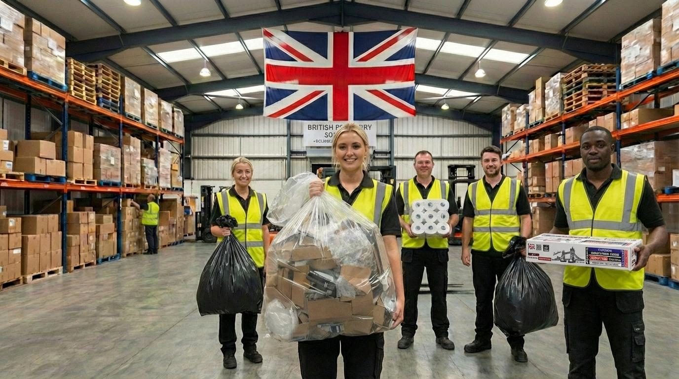 The Crown01 warehouse team at our UK distribution centre with Union Jack